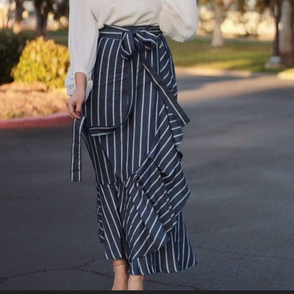 Listicle Asymmetrical Ruffle Denim Wrap Striped Skirt